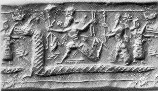 Cilindro sello representando el combate de Marduk conta Apsu y Tiamat